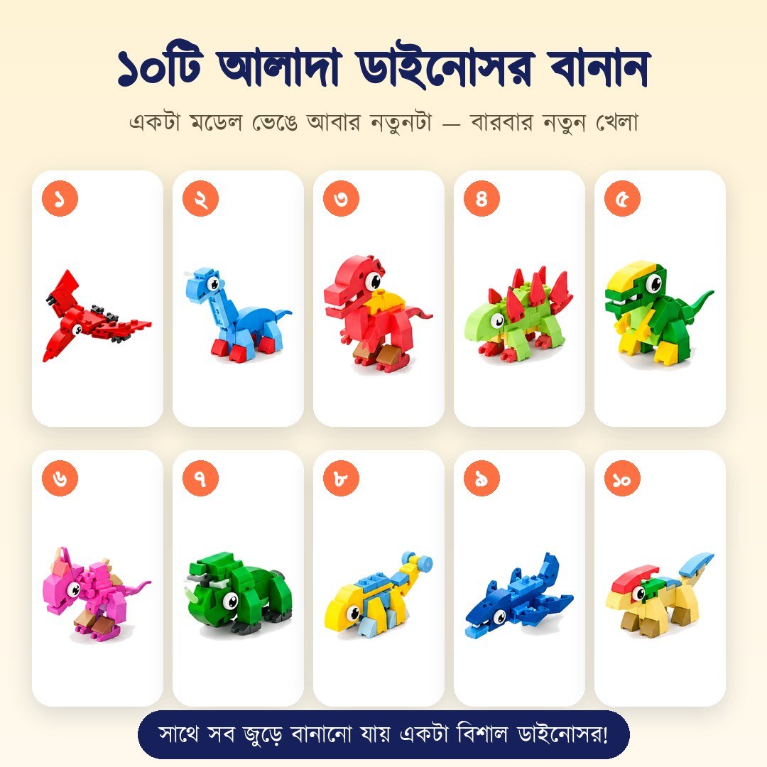 DIY রোবট ডাইনোসর 10-in-1 বিল্ডিং ব্লক সেট – শিশুদের শিক্ষামূলক সৃজনশীল খেলনা